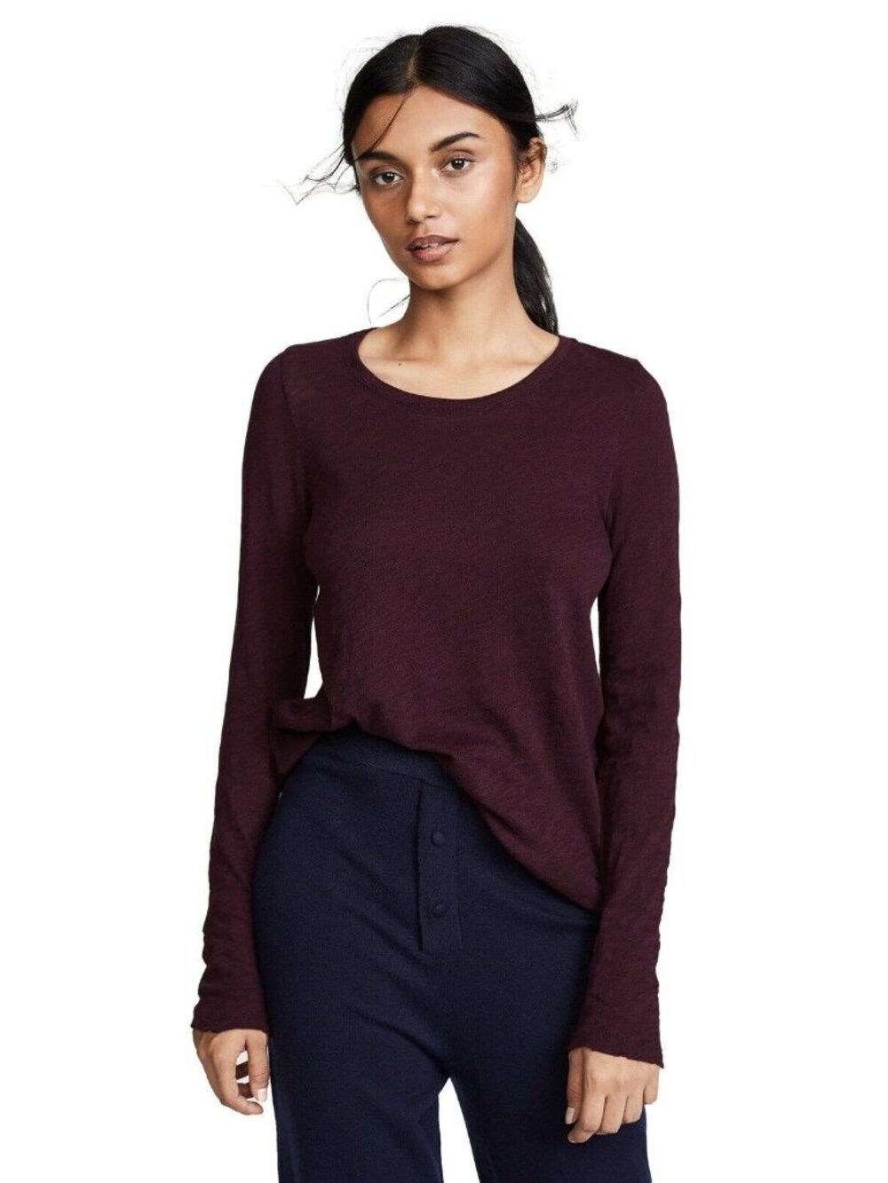 $120 ATM Slub Jersey Long Sleeve Destroyed Wash Tee Designer Burgundy Cotton L